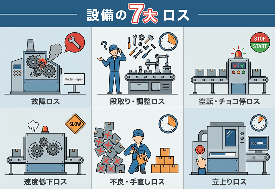 設備の7大ロス：故障口ス 段取り・調整ロス 空転・チョコ停ロス 速度低下ロス 不良・手直しロス 立上りロス