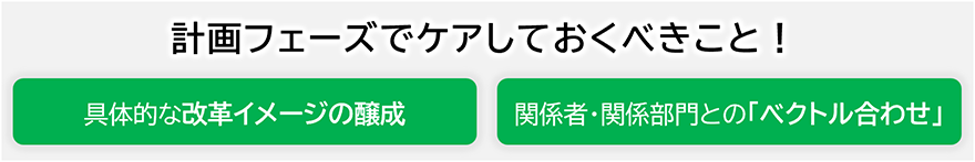 計画フェーズでケアしておくべきこと！／具体的な改革イメージの醸成、関係者・関係部門との「ベクトル合わせ」