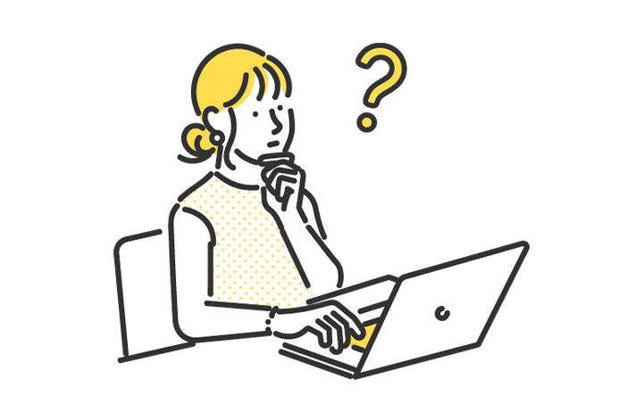 画像：PCを操作しながら考え込む女性のイラスト