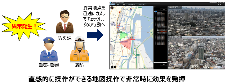 カメラ地図連携アプライアンスの防災用途では直感的に操作ができる地図操作で非常時に効果を発揮