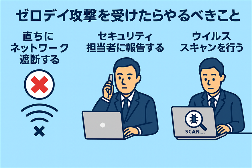 ゼロデイ攻撃を受けたらやるべきこと 直ちにネットワーク遮断する セキュリティ担当者に報告する ウイルススキャンを行う