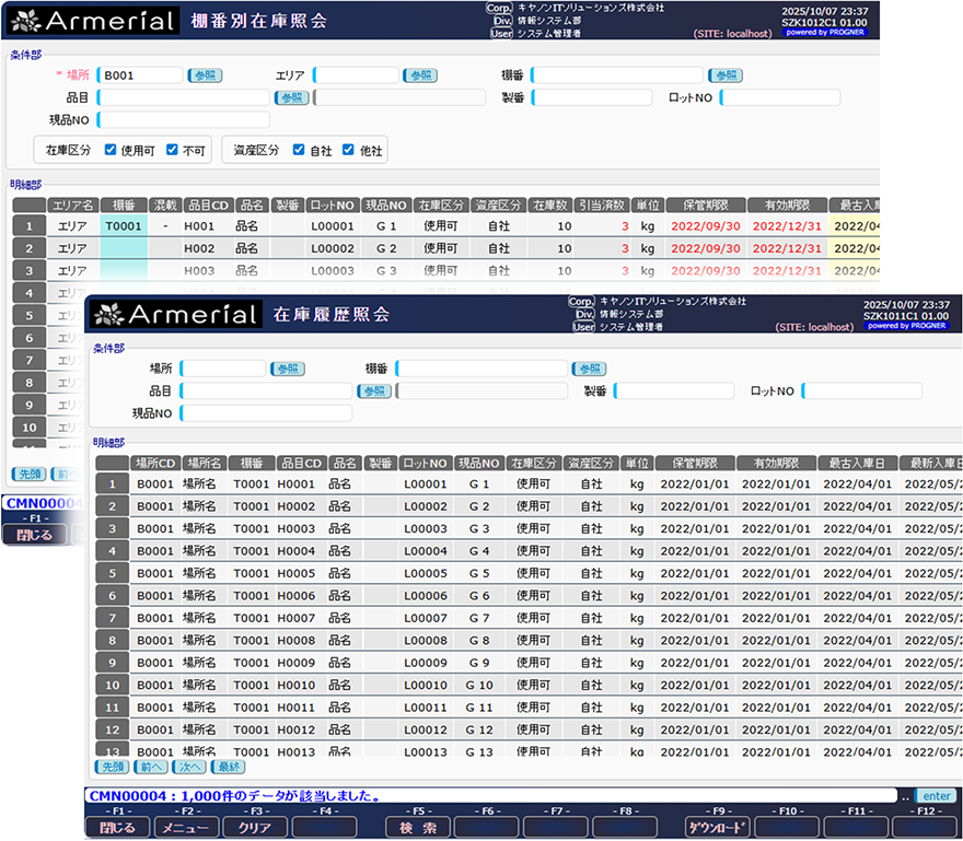 在庫照会／在庫履歴照会画面のイメージ