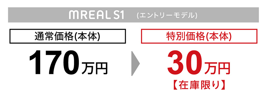 MREAL S1（エントリーモデル）通常価格（本体）：170万円／特別価格（本体）：30万円（在庫限り）